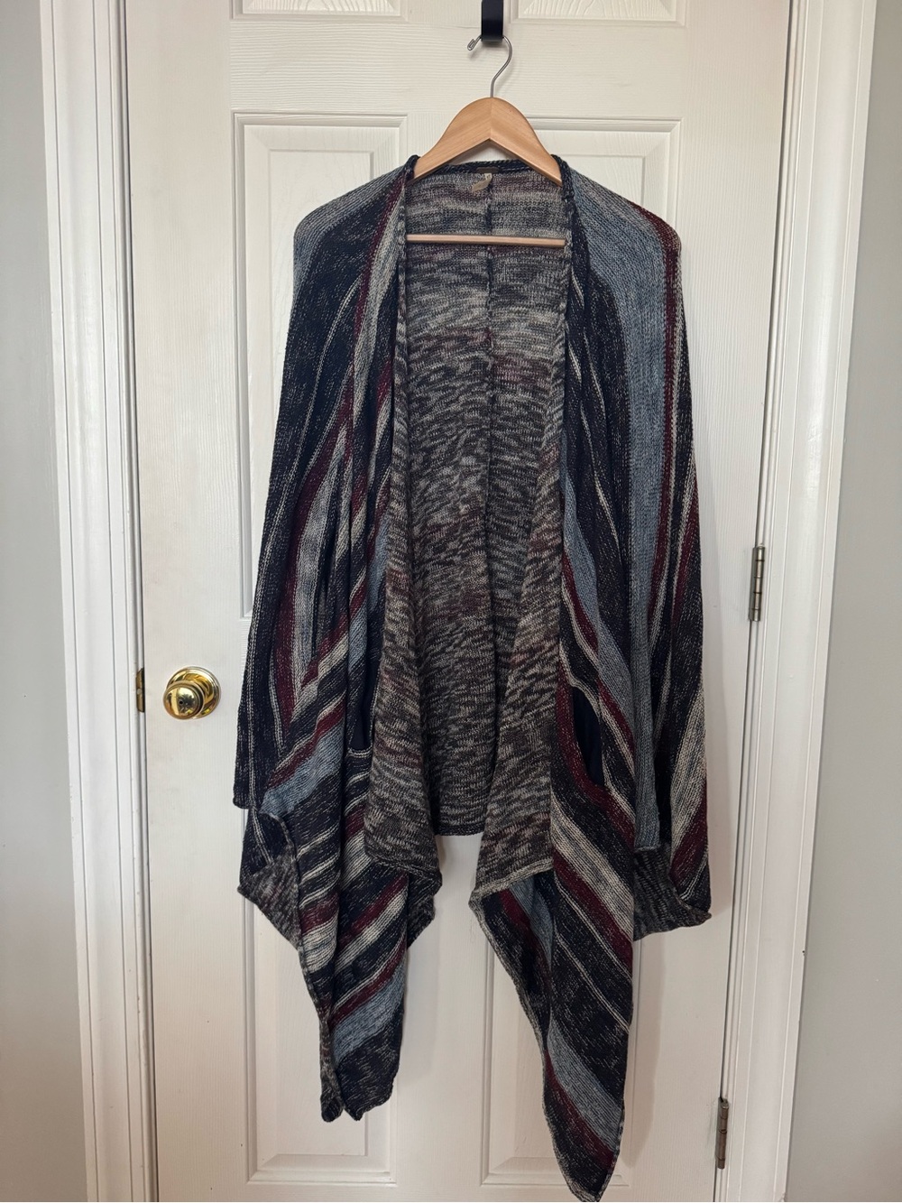 Free People The Big Trail Poncho Striped Draped Cardigan - Gray & Burgundy